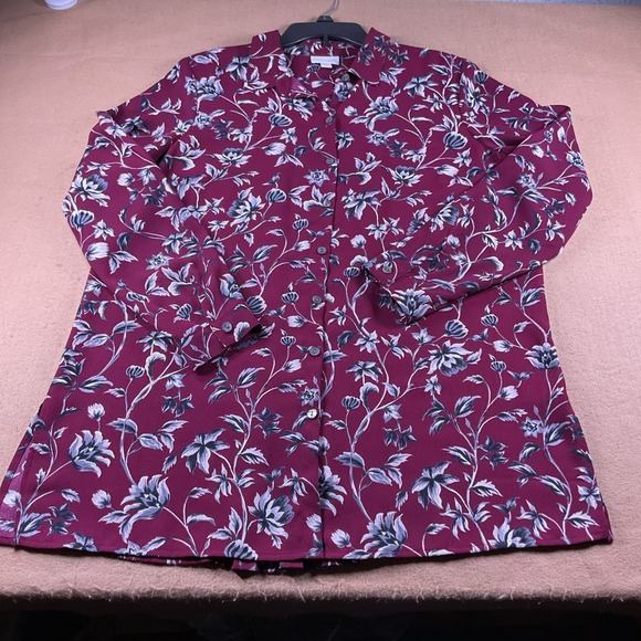 J. Jill Tops - J. Jill Burgundy Floral Button Down Tunic Blouse Womens Medium Long Sleeve Shirt